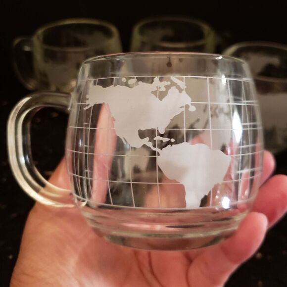Nestle Nescafe Coffee Cup Mugs World Map Globe Clear Etched Glass Vintage set 6 - Picture 12 of 15